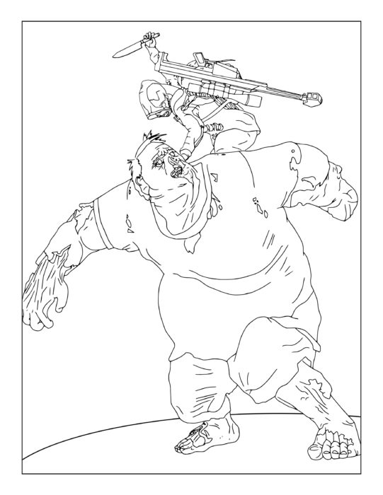Coloring page of a survivor on top of a juggernaut ready to stab the head.