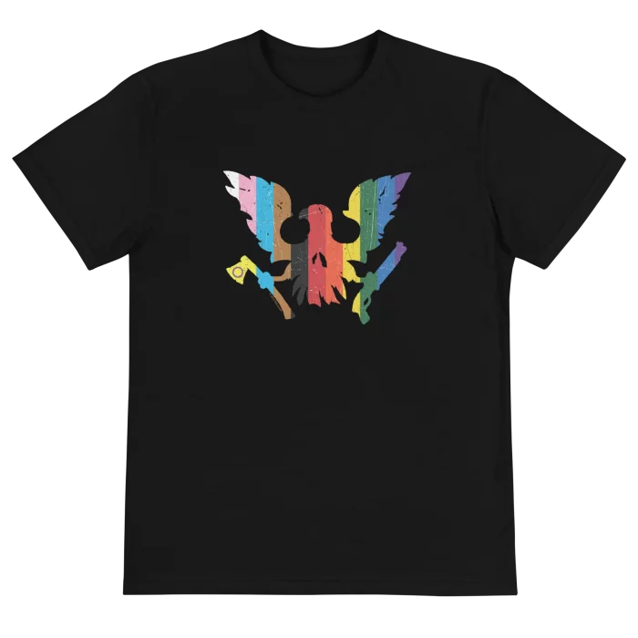 Black shirt featur8ing skeagle logo filled in with horizontal stripes featuring all rainbow pride colors 