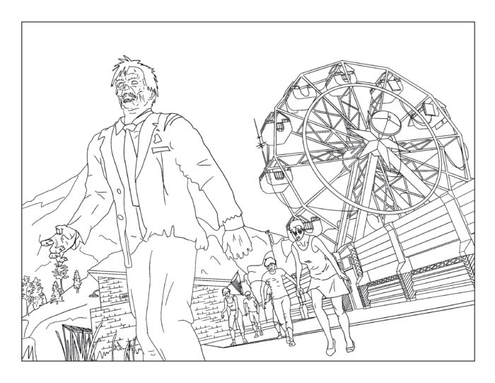 Coloring page featuring a male zombie at the forefront with a horde following it and the Trumbull Valley ferris wheel in the background.
