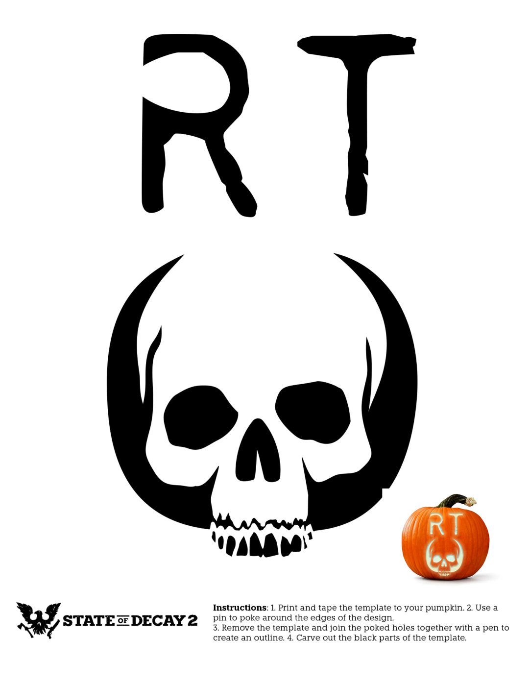 Stencil of the Red Talon skull logo with the following instructions: 1.Print and tape the template to your pumpkin. 2. Use a pin to poke around the edges of the design. 3.Remove the template and join the poked holes together with a pen to create an outline. 4. Carve the black parts of the template.