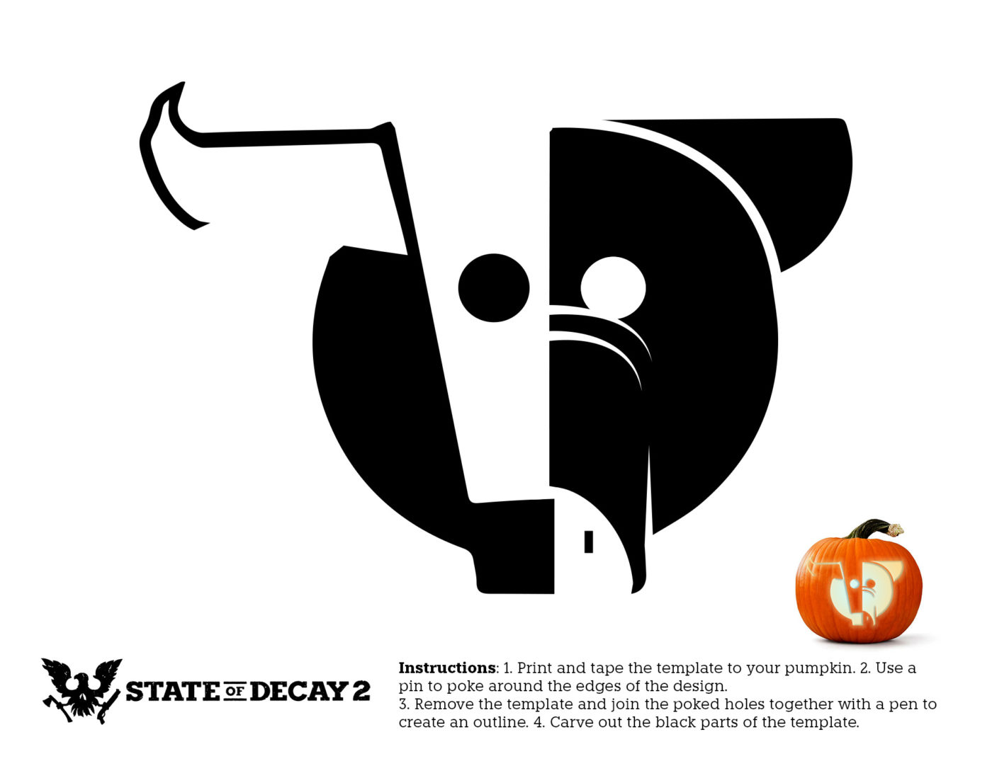 Stencil of the Swine and Bovine logo with the following instructions: 1.Print and tape the template to your pumpkin. 2. Use a pin to poke around the edges of the design. 3.Remove the template and join the poked holes together with a pen to create an outline. 4. Carve the black parts of the template.