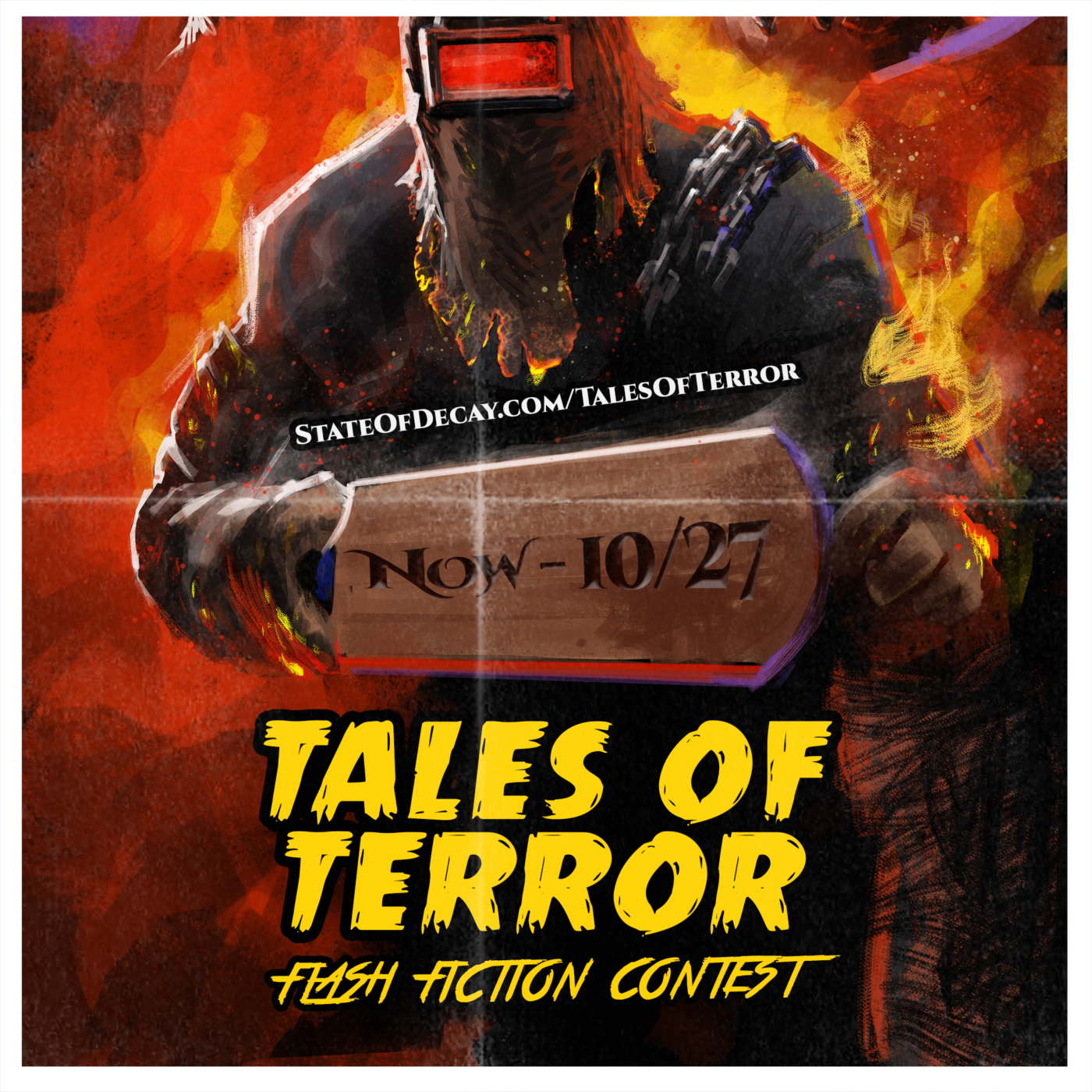 A spoof of a cult horror movie poster featuring a murderer wearing a welding mask and holding a wooden paddle. The title reads Tales of Terror Flash Fiction Contest which will run between now and Oct 27.