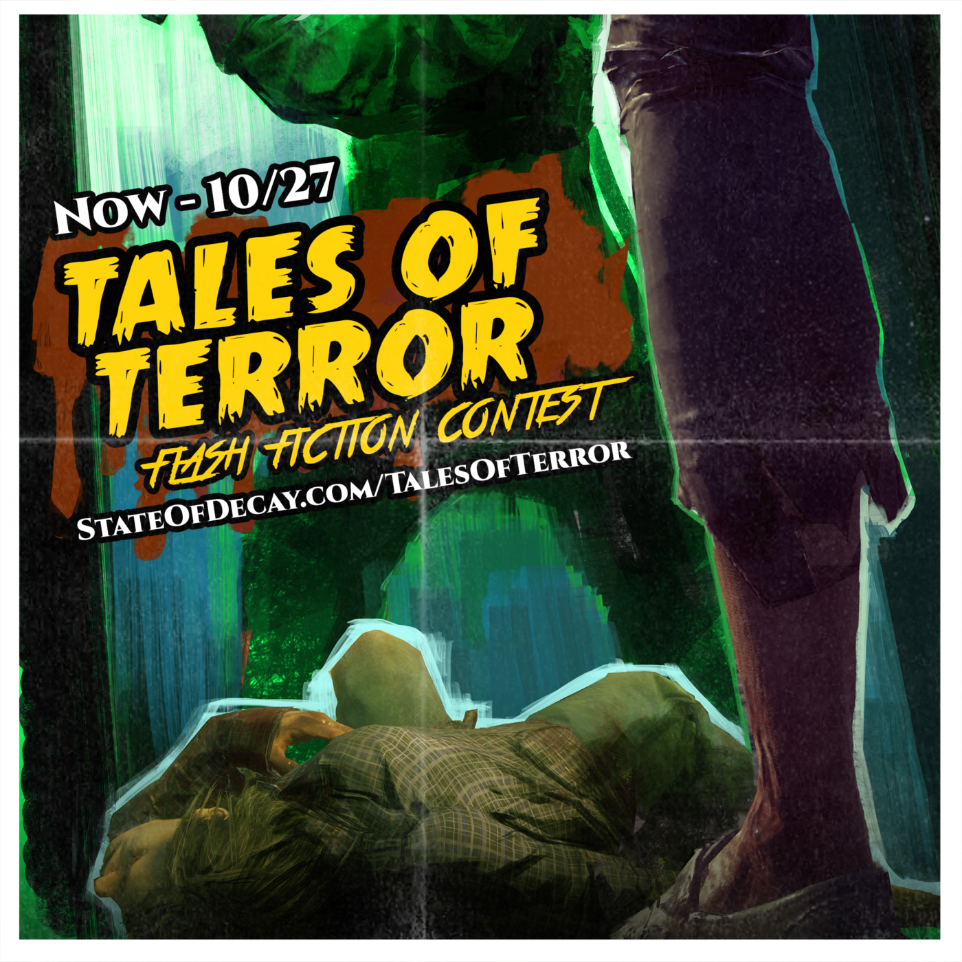 A swine and bovine killer at the door way with the title of the contest, Tales of Terror. 