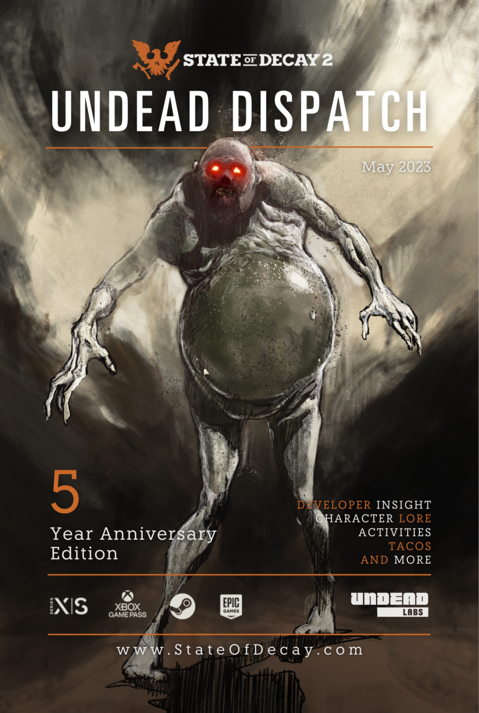 Cover page for the Undead Labs Dispatch Anniversary Zine. Cover features concept art of a bloater