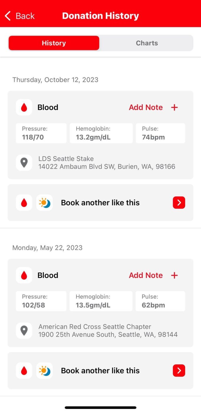 Screenshot of blood donation history from the American Red Cross movile app