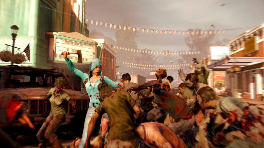 Screenshot from the original State of Decay, a Player wielding an axe while being attacked by a horde of zombies.