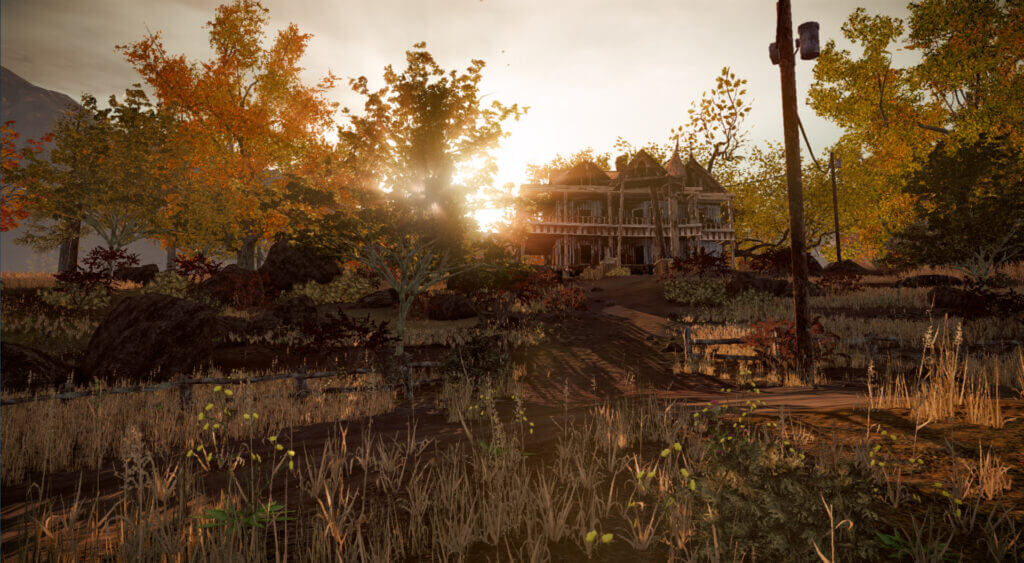 Screenshot from the original State of Decay, a dilapidated house in the woods with the sun behind shining through the trees.