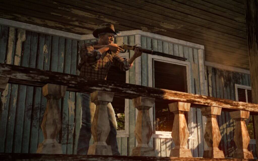 Screenshot from the original State of Decay, player on a balcony holding a gun and aiming.