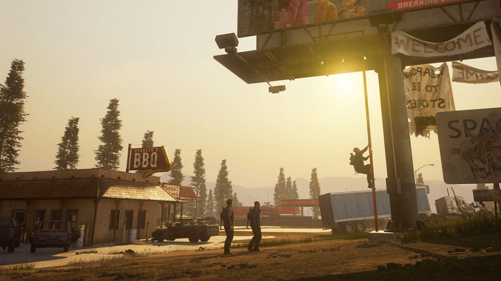 Screenshot of a player climbing up a billboard in an abandoned town