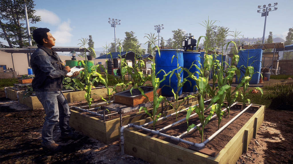 screenshot of a player character looking over a vegetable garden