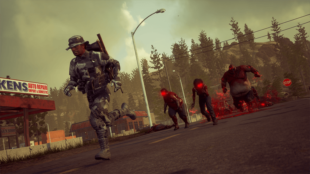 screenshot of a player character running down a street with several zombies chasing him