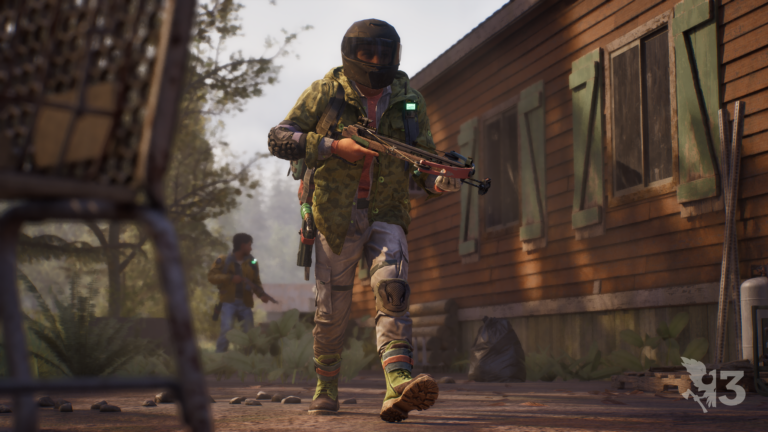 Screenshot of a character scouting a location wearing a helmet and carrying a crossbow