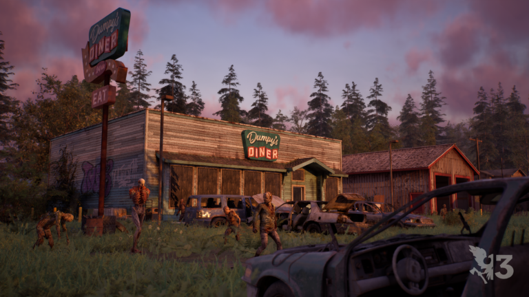Screenshot of an old diner, surrounded by wrecked cars and zombies