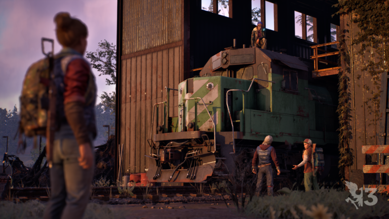 Screenshot of characters investigating an old train engine